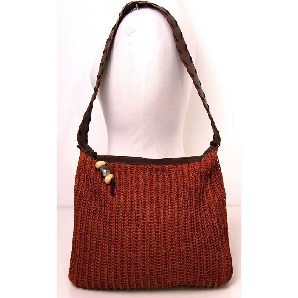 PRESTON YORK ITALY WOVEN KNITTED CORD BROWN GENUINE LEATHER SHOULDER BAG HANDBAG